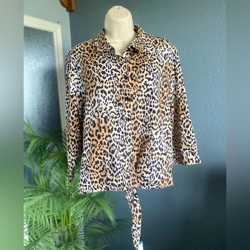 Chico’s Animal Leopard Print Blouse Tie Front No Iron Fabric Gorgeous Zs 3 #A3